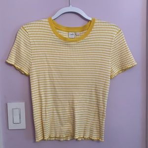 Yellow and white stripped shirt with lettuce hems.